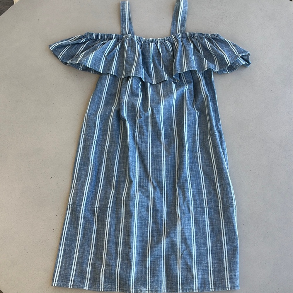 J crew chambray stripe off the shoulder dress